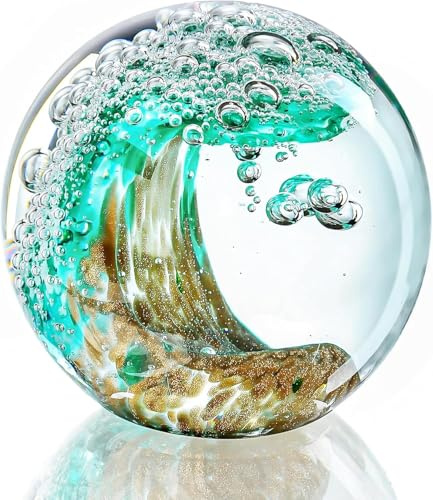 60mm Grün Ozeanwellen Glaskugel – Papiergewicht & Deko für Büro & Aquarium