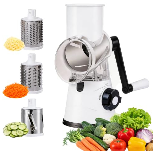 Rallador de verduras con manivela, 3 hojas de acero inoxidable intercambiables, rallador manual de queso y rallador de verduras, cortador de verduras multiusos para queso, pepino, zanahoria y frutos