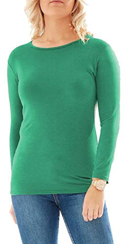 Womens Long Sleeve Stretch Plain Round Scoop Neck T Shirt Top Ladies Fitted Tee (Green, 12-14)