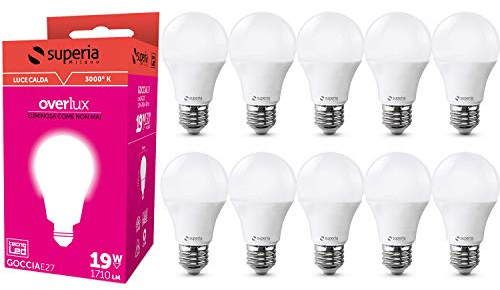 Superia Milano, Lampadina LED E27 Goccia, 19W (Equivalenti 130W), Luce Calda 3000K, 1710 lumen, *NUOVA PRODUZIONE*GARANZIA ITALIANA* SG27C, Pacco da 10