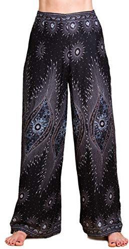 PANASIAM Wickelhose Damen - Weite Palazzohose - Boho Stil - in 3 Längen | leichte Sommerhose aus Viskose, Hosenrock gerader Schnitt, Strandhose, variabler Bund zum Binden, Peacock & Oriental Design