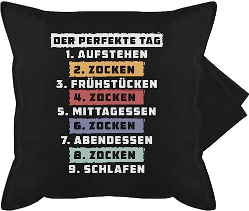 Shirtracer Kissenbezug - Statement Kissen mit Sprüchen - Der perfekte Tag - Zocken - Weiß - 50 x 50 cm - Schwarz - zockerkissen kissenhülle sprüche Spruch Game kuschelkissen gamerkissen