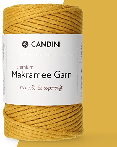 Candini Premium Makramee Garn senfgelb, 4mm x 100m, 100% recycelte Baumwolle, gezwirnt Single-Twisted, Baumwollgarn für Macrame in gelb