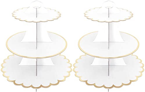 2 Pack Cake Stand 3 Tier Cupcake Dessert Holder Cardboard Round Tower for Birthday, Party, Anniversary, Baby Showers (White)