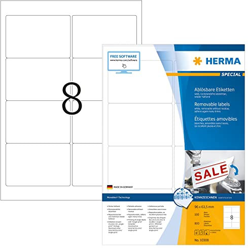 HERMA 10308 Universal Etiketten ablösbar, 1400 Blatt, 96 x 63,5 mm, 8 pro A4 Bogen, 11200 Stück, selbstklebend, bedruckbar, matt, blanko Papier Klebeetiketten Aufkleber, weiß