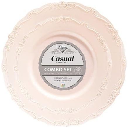 Decorline- Elegantes Mehrweg Rosa Teller Set - Wiederverwendbar Casual Kollektion -Hochwertiges Vintage Geschirr- China Look - Geschirr Set für Alle Gelegenheiten - 40 Teile