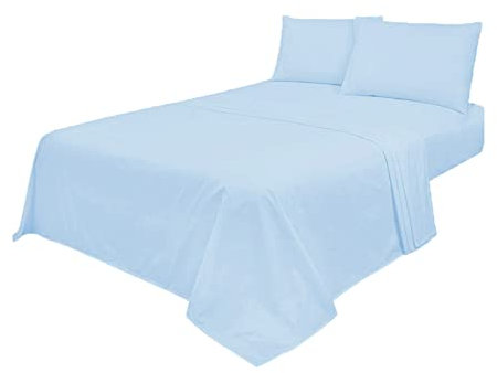 Voice7 Non Iron Sky 3pc Sheets Set (Fitted Sheet + Flat Sheet + One Pillow Case) Percale Super Poly Cotton Bedding Sets (Sky, Single)