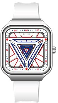 SKMEI Quadratische Uhren für Herren, LED-Hintergrundbeleuchtung, großer Bildschirm, Multi-Time-Zonen-Herrenuhr, wasserdicht, analog, digitale Sportuhr, C7103-Weiß, Geschichtete Kunst