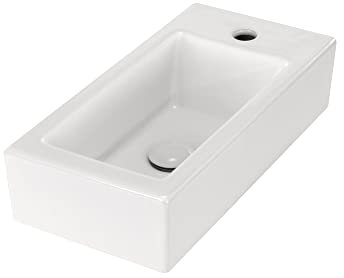Lavabo sobre Encimera Rectangular en Ceramica Brillante VOMANO | 25x50x24 cm | Incluye Tapon Pop Up con Valvula de Desague Click Clack | Sin Taladro Grifo | Color Blanco