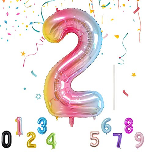 Palloncino Numero 101CM/40 con Cannuccia, Gonfiabili Pallone per Decorazione Feste, Foil Gigante Palloncini Compleanno con l'Elio, Riutilizzabili Palloncini Numeri - Palloncino Numero 2 Gradiente