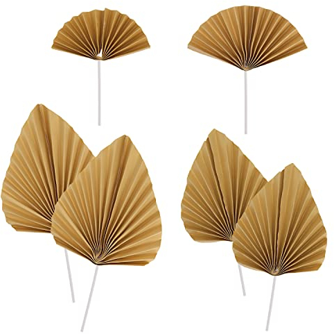 DBOO 6 Pcs Paper Palm Fan Cake Toppers, Palm Leaf Fan Cake Topper Palm Spear Leaf Cupcake Toppers Cake Insert Decoration for Cake Decorating DIY Craft Project Home Wedding Party Décor, Gold