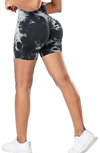 RIOJOY Kurze Leggings Damen Push Up Booty Sport Shorts High Waist Seamless Scrunch Butt Sportleggins für Gym Fitness Workout Yoga, Tie Dye Schwarz XS