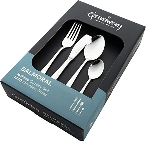 Grunwerg Balmoral 16 Piece Boxed Mirror Cutlery Set, 18/10 Stainless Steel, 4 x Table Knives, Table Forks, Dessert Spoons, Teaspoons
