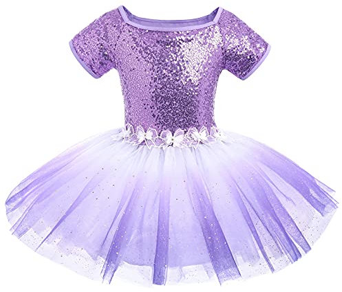 Ballettkleidung Mädchen Turnanzug Gymnastikanzug Tanzkleid Ballettanzug Kinder Ballerina Kostüm Pailletten Kurzarm Kleid Turnbody mit Tütü Rock Ballett Trikot Tanzoutfits Balletttrikot Violett 3-4J