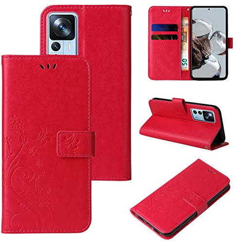 LBH Handy Hülle für Xiaomi 12T / 12T Pro Case Handytasche Schmetterling Blumen Flower Standfunktion Schutzhülle Magnet Rundum Schutz 360 Grad Flipcase Cover Rot