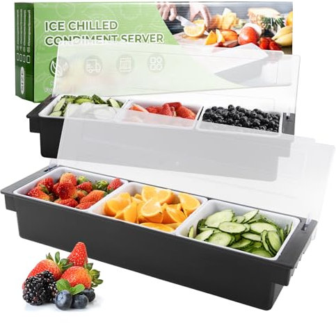 WICHEMI Fruit, Veggie & Condiment Caddy with Lid Dispenser Tray Garnish Station for Bartending & Serving Taco, Ice Cream, Salad Bar - Topping Organizer for Restaurant Supplies (3 Compartment, 2 Pack)