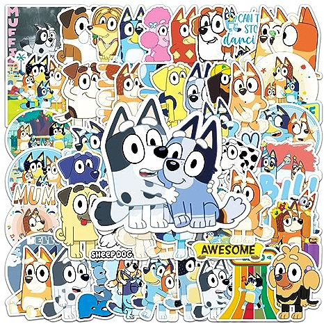 50 Stück Bluey Sticker Set,Niedlich Bluey Aufkleber Kinder,Wasserfeste Vinyl Graffiti Decal Sticker für Kinder Teenager Laptop Koffer Helm Motorrad Skateboard Fahrrad Scrapbook Mitgebsel Geschenke