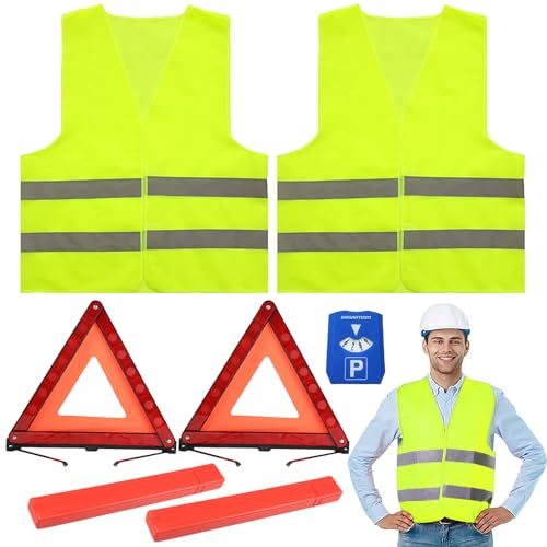 Hengrongshen 2 Stücke Warnwesten Auto, 2 Stücke Warndreieck Kfz und EIN Temporäres Parkschild für Autos, Warnwesten Auto 2er Auto-Verkehrssicherheitsset