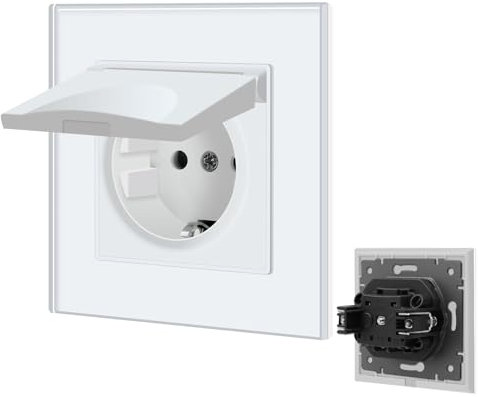 BSEED Enchufe de pared con Cubierta Impermeable,1 Gang Schuko Enchufe con abrazadera,Enchufe Empotrado con placa de cristal,Enchufe Empotrable de 16A,Blanco Enchufes de extensión adecuado para Baño