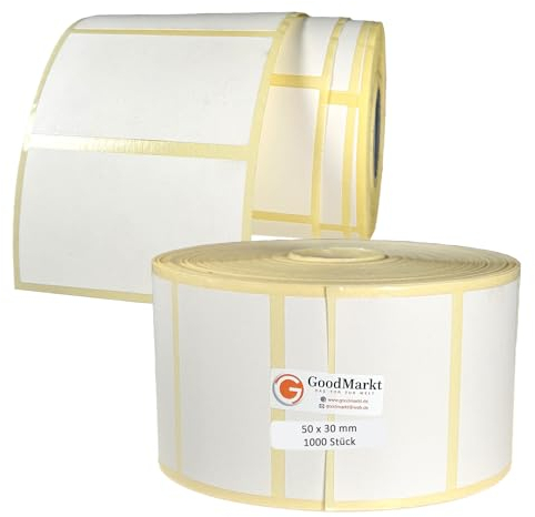 GoodMarkt Thermodirekt Etiketten selbstklebend | 50x30 mm 1 Rolle, weiß, 1000 Etiketten | Kompatibel mit Brother, Zebra | Haushaltsetiketten, Barcodeetiketten, Marmeladenetiketten