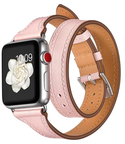 Soyeacrg Compatibile con Cinturino Apple Watch 38mm 40mm 41mm 42mm 44mm 45mm 49mm, Cinturino Sottile in Vera Pelle Doppio Giro per iWatch SE Ultra 1 2 Serie 9 8 7 6 5 4 3 2 1,Pink,38/40/41mm