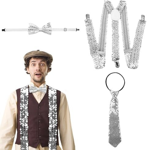APOMOONS Silvester Kostüm Accessories, Pailletten Hosenträger Glitzer Set mit 3-Clips Y-Form Fliege und Krawatte für Karneval Mottoparty JGA Herren Damen Kostüm Zubehör, Cosplay Party Outfits