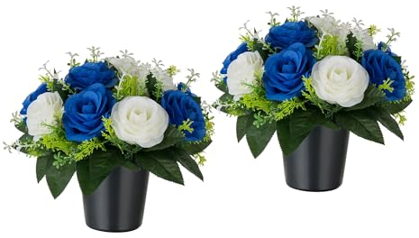 Memobloom Künstliche Blumen im Topf für Grabschmuck: 2 Stücke Königsblau Kunstblumen Künstlich Rosen Grabgestecke mit Vase für Grab Friedhof Deko Rose Blumenstrauß mit Grabvase für Grabstein Grabdeko