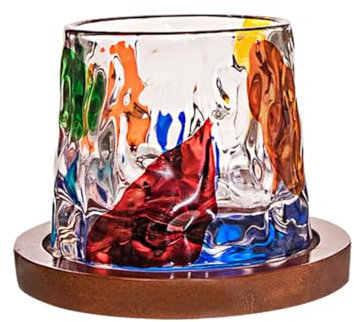 RORPOIR Decorative Hand Painted Whiskey Cup Tumbler Glass with Wood Base Rotating Design Stylish Whisky Tumbler for Home Bar and