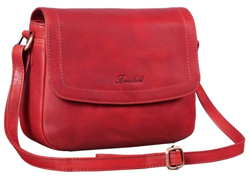 Benthill Handtasche Damen Leder - Umhängetasche aus Rindsleder - Schultertasche aus echtem Leder mit Reißverschluss - Vintage Bag Beutel, Farbe:Rot