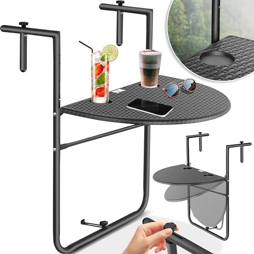 KESSER® Tavolo sospeso da balcone pieghevole da appendere al balcone, con 3 posizioni, regolabile in altezza, resistente alle intemperie, con 2 posti per bevande, piano del tavolo, 62 x 60 cm, colore:
