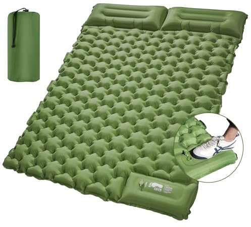 SOPPY Double Self-Inflating Camping Mat 10cm Thick - 2 Person Ultralight Sleeping Pad with Foot-Activated Pump, Waterproof Air Mattress for Couples Camping Hiking Backpacking - Olive Green