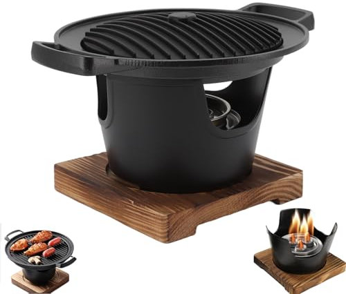 CYTGOUPER Hibachi Grill Base de madera sin humo, parrilla portátil de hierro fundido para el hogar al aire libre, mini parrilla para barbacoa, conveniente para viajes en casa