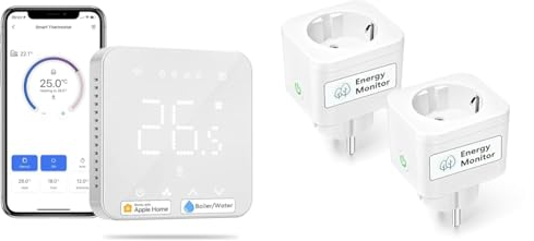Meross Termostato Inteligente WiFi para Calderas, Termostato de Calefacción de Pared & Enchufe Inteligente con Mide el Consumo, Enchufe Bluetooth Alexa 16A con Control