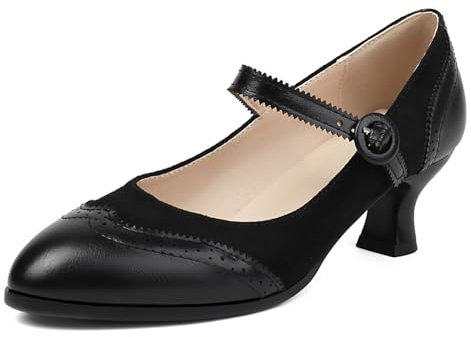 Women Kitten Heel Mary Jane Shoes Mid Heel Shoes Pointed Toe Buckle Classic Brogue Shoes, Q2883VB Black Size 9.5 UK/46