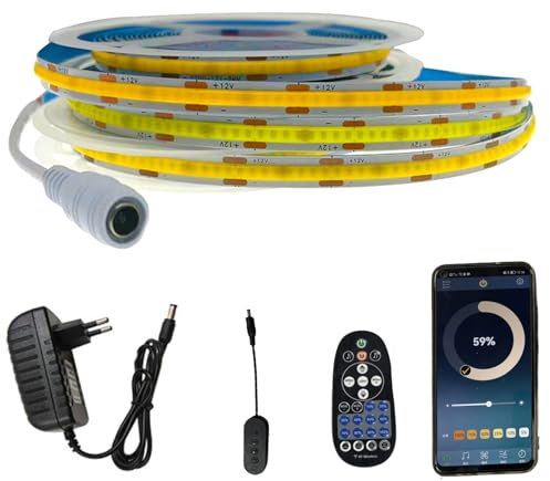 FOLGEMIR 5m COB LED Streifen Warmweiß 3000K, Dimmbar 8mm Strip, Bluetooth APP kontrolliert, selbstklebend, Flexibel Lichtleiste mit 12V Netzteil & RF Fernbedienung