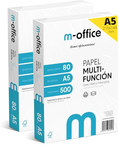 A5-Papier, 80 g, 2 Packung mit 500 Blatt, Multifunktionspapier für Inkjet- und Laserdrucker, A5-Blätter, 148 x 210 mm, ideal für Büro und Zuhause · m-office (1000 Blatt)
