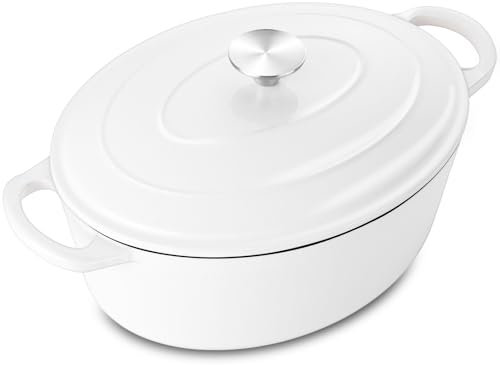 5QT Oval Dutch Oven Pot with Lid, Leonyo 5 Quart Enameled Oval Cast Iron Dutch Oven for Sourdough Bread Breaking, Heavy Duty Cookware for Braising, Stews, Roasting, White