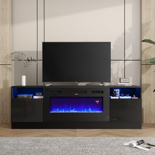 INMOZATA Electric Fire Insert TV Stand, Entertainment Center Console Table with 36 Fireplace, for 78 TV, with 12Colors Realistic Flame Effect & 12Colors Moon Lights, Overheat Protection, Black