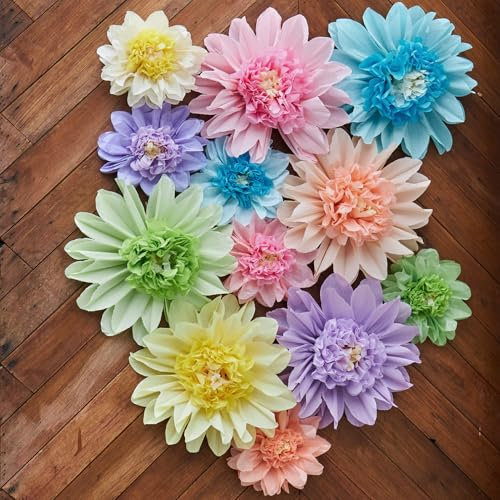 Homarkable Lot de 12 fleurs en papier crépon pastel - 15,2 cm - 25,4 cm - Fleurs pour décoration murale de fête de mariage, fête prénatale, fête prénuptiale, carnaval, chambre d'enfant