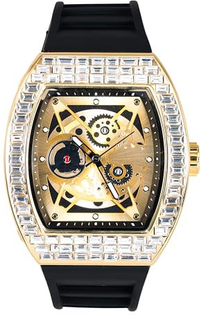 Techno Pave Herrenuhr mit Silikonband, 40 mm, Iced Out Tonneau-Form, Gold, mens-standard