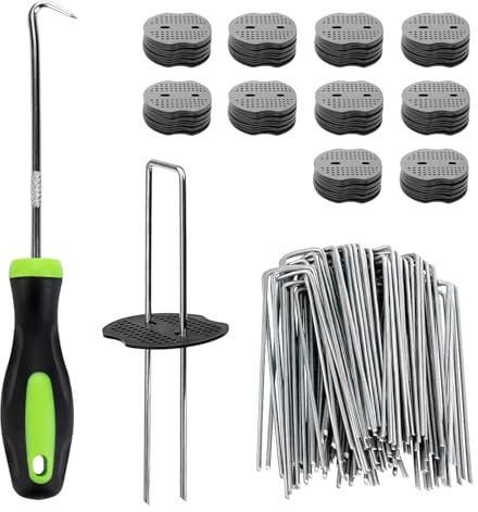 MEETOZ 100 Weed Control Membrane Pegs + 100 Buffer Washer, 15cm Weed Mat Pegs, Metal Garden Landscape Staples Artificial Grass Pins Ground Cover Mossing Fabric Artificial Barrier Pegs