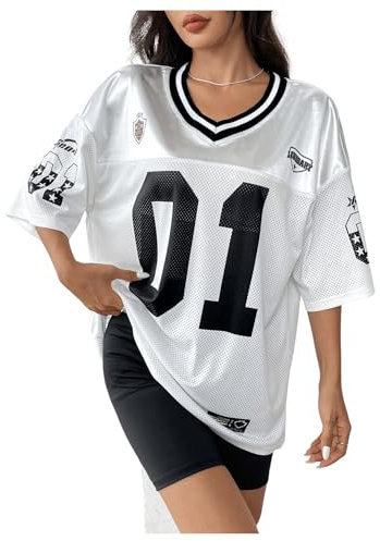 GORGLITTER Women's Letter Graphic Loose Jersey Oversized T Shirts V Neck Half Sleeve Mesh Streetwear Tops White Small