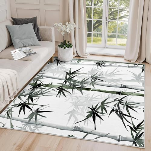 AUWUUA Tapis en Bambou 90 x 120 cm - Tapis botanique en Feuille de Bambou Verte - Tapis de Style Asiatique - Peinture à l'encre Japonaise - Tapis Lavable pour Salon, Chambre à Coucher