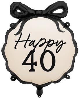Folienballon Happy 40 – eleganter Ballon 40. Geburtstag Schwarz Creme mit Schleife, Helium geeignet, Deko & Geschenk für Männer & Frauen, ca. 55 cm