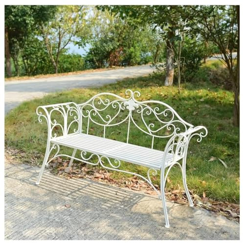 zktoermn 132 cm Gartenbank, Terrassenbank Mit Metallrahmen Aus Gusseisen, für Veranda, Rasen, Hof(Weiß)