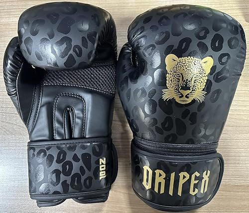 Dripex Guantes de Boxeo 10 oz, Guantes de Cuero para Entrenamiento de Boxeo, Guantes de Muay Thai Kickboxing MMA, Boxing Gloves para Hombres Mujeres Adultos y Jóvenes, Leopardo Dorado