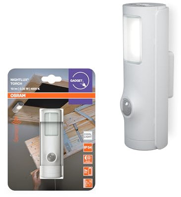 OSRAM Torch Veilleuse LED avec détecteur de mouvement blanc, fonction lampe de poche 2 en 1, capteur de lumière, fonctionne sur batterie, protection contre les éclaboussures IP54
