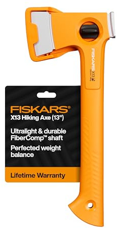 Fiskars X13 Ultralight Hiking Axe 13, Ultra-Sharp Forged Steel Blade for Efficient Chopping & Camping, 15% Lighter High-Visibility Orange FiberComp Handle Drives Tent Stakes, Sheath Included