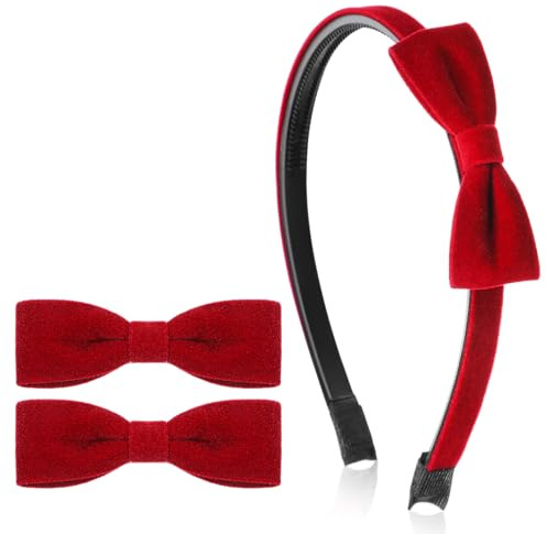 DOPENPSI 3 Stück Rot Samt Haarreif Schleife Haarspange Set, 1cm Haarreifen Rot Samt Schleife Solides Einfaches Stirnband Mode Haarschmuck für Mädchen Damen