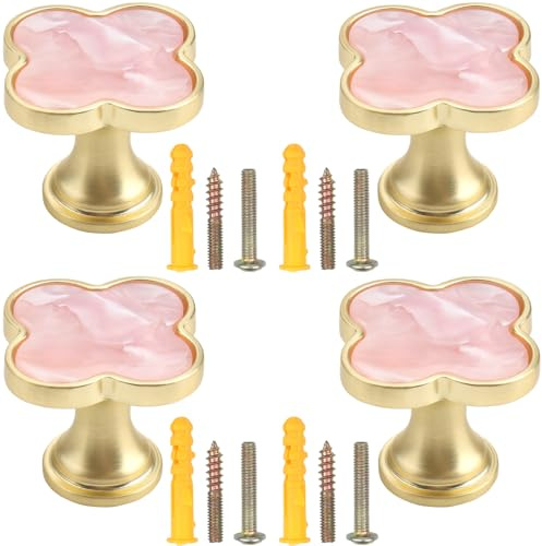 LHNNDM 4 PCS Four-Leaf Clover Handle, 33mm Creative Door Knobs, Zinc Alloy Cabinet Knobs, Handle Wardrobe Cabinet Drawer Handle Single Hole Handle for Wardrobe, Dresser & Bathroom (Pink)